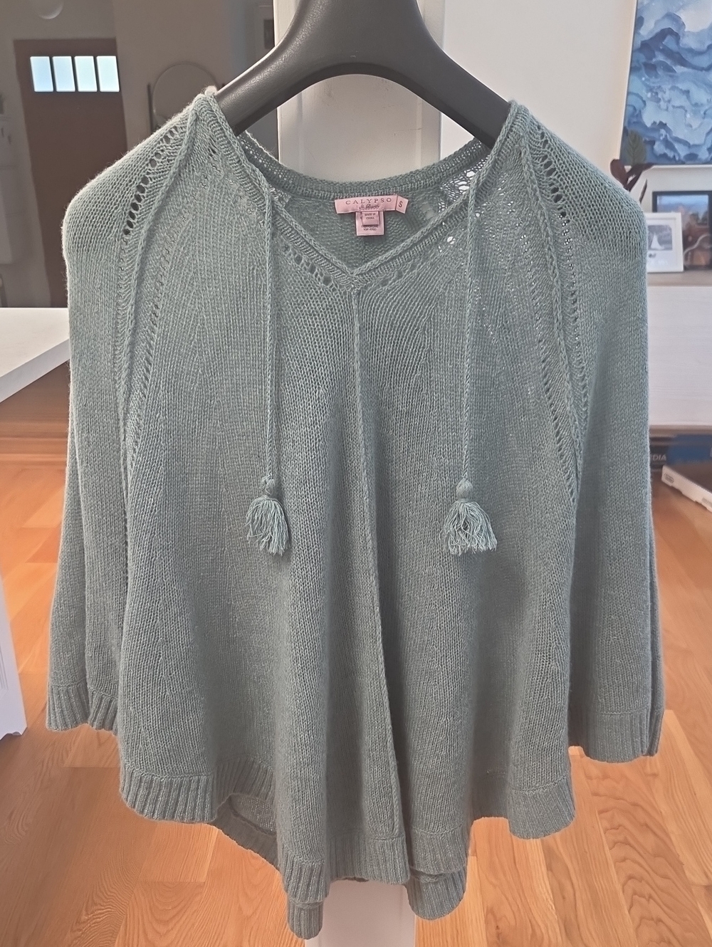 Calypso St. Barth Womens 100% Cashmere Sage Green Tassel V-Neck Knit Poncho (S)